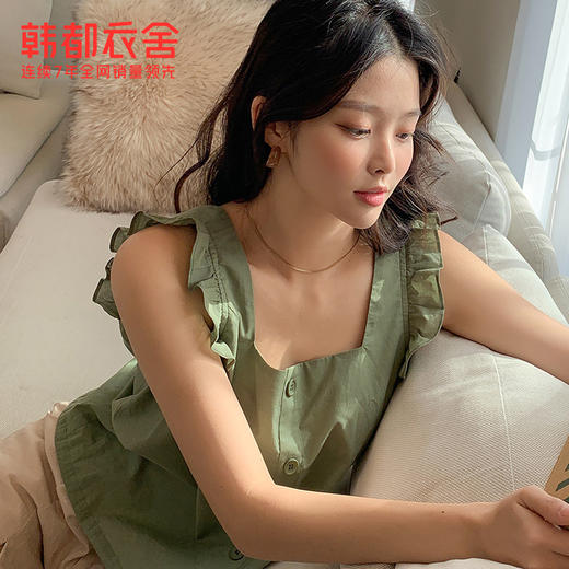 韩都衣舍2021夏装新款韩版方领上衣修身花边女洋气衬衫RE1918鲲 商品图2