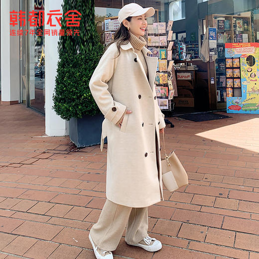 韩都衣舍2019韩版女装冬装新款显瘦纯色双排扣毛呢外套NH0895煜 商品图1