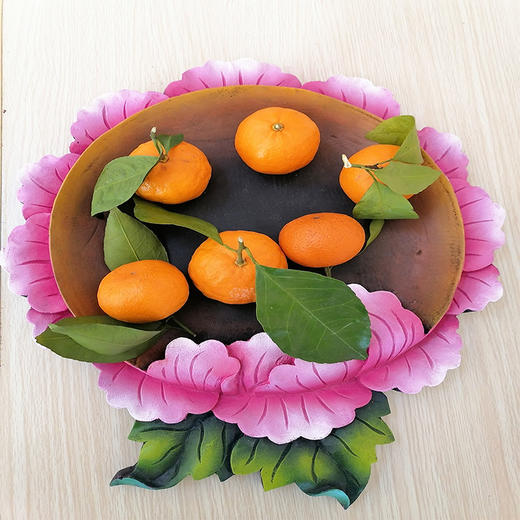 彩艺缘 彩绘木雕瓜果水果盘 牡丹花形状 全实木纯手工制作 商品图1