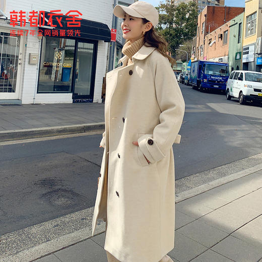 韩都衣舍2019韩版女装冬装新款显瘦纯色双排扣毛呢外套NH0895煜 商品图2