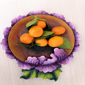 彩艺缘 彩绘木雕瓜果水果盘 牡丹花形状 全实木纯手工制作