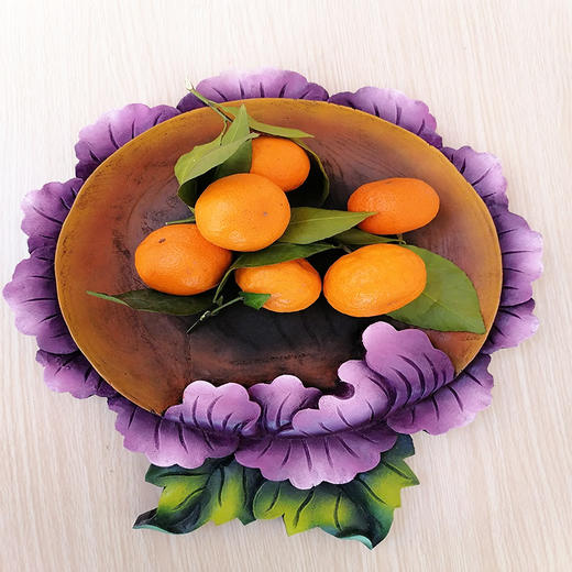 彩艺缘 彩绘木雕瓜果水果盘 牡丹花形状 全实木纯手工制作 商品图0