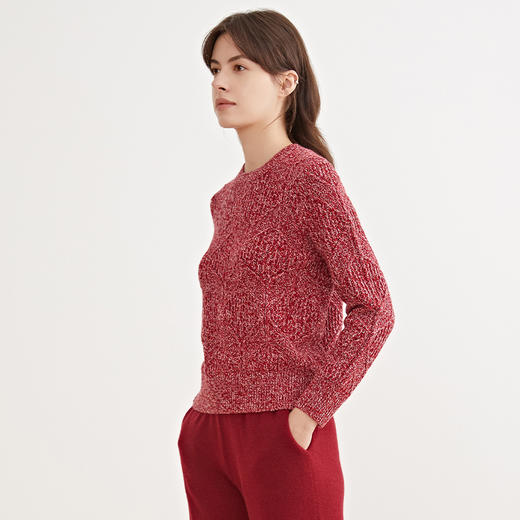 METTE羊绒世家冬女圆领100%山羊绒时尚绞花红白混色保暖针织毛衣 商品图2