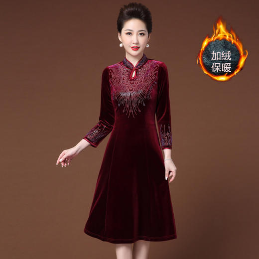 JY-211新款金丝绒复古气质大码妈妈婚宴礼服加绒连衣裙 商品图0