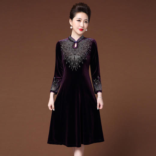 JY-211新款金丝绒复古气质大码妈妈婚宴礼服加绒连衣裙 商品图1