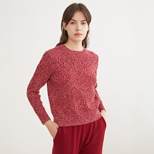 METTE羊绒世家冬女圆领100%山羊绒时尚绞花红白混色保暖针织毛衣 商品图1
