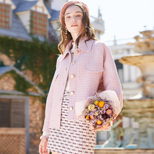 欧芮儿秋冬新宽松格子毛呢外套短款双面呢大衣 商品图2