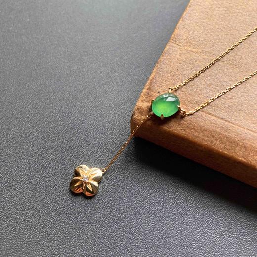 高冰种阳绿蛋面四叶草锁骨链18k黄金钻石镶嵌 商品图0