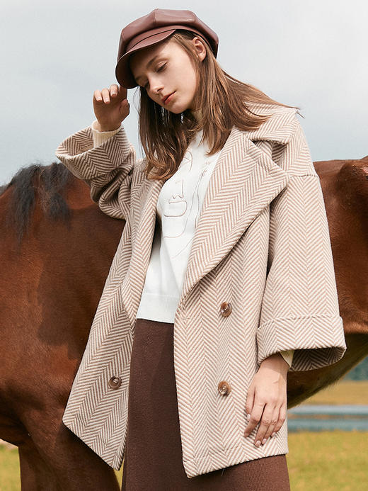 欧芮儿冬双排扣长袖大衣翻领条纹毛呢外套女中长款呢子大衣 商品图1