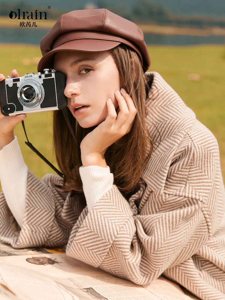 欧芮儿冬双排扣长袖大衣翻领条纹毛呢外套女中长款呢子大衣