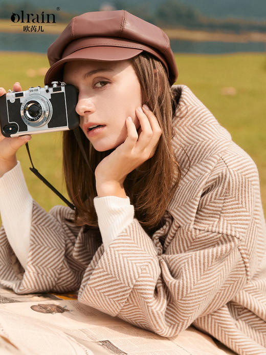 欧芮儿冬双排扣长袖大衣翻领条纹毛呢外套女中长款呢子大衣 商品图0