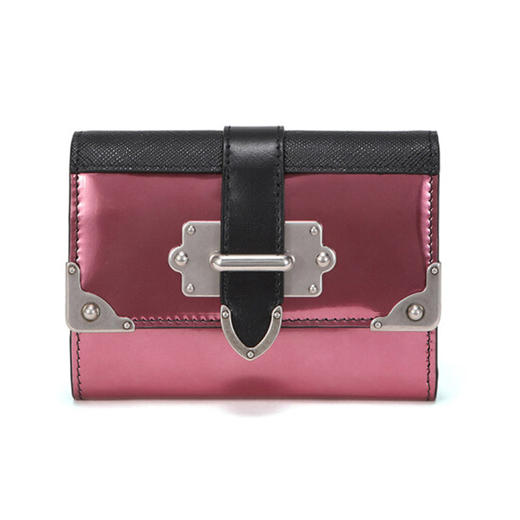 PRADA  普拉达 女士木槿色黑色牛皮短款钱夹钱包 紫色 1MH840 2B1R F0EZR 商品图0