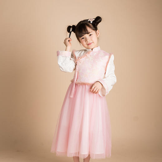 pureshare蓬纱馆 女童拜年礼服中国风宝宝连衣裙保暖冬装-粉月季提花年服 商品图2