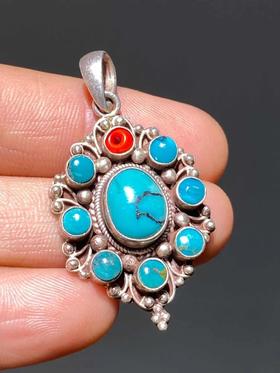 天然绿松石镶银吊坠， 顺丰包邮