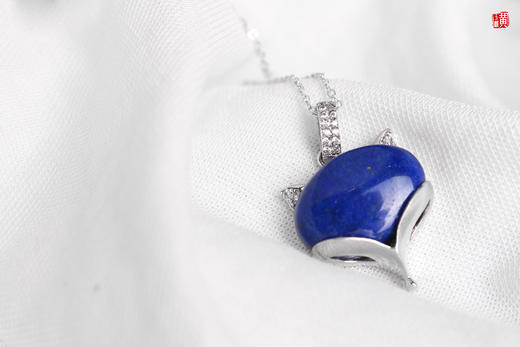 青金石银镶狐狸吊坠配银链 商品图2