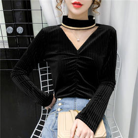 HT-5393新款韩版网纱拼接压褶金丝绒V领打底衫