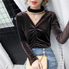 HT-5393新款韩版网纱拼接压褶金丝绒V领打底衫 商品缩略图1