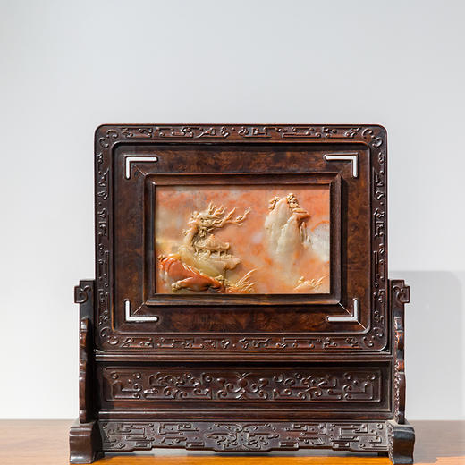 清代  红木镶瘿木嵌寿山石山水人物插屏 商品图0