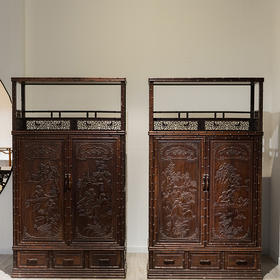 清代  红木竹节工浮雕人物花鸟亮格书柜（一对）
