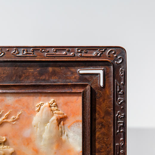 清代  红木镶瘿木嵌寿山石山水人物插屏 商品图3