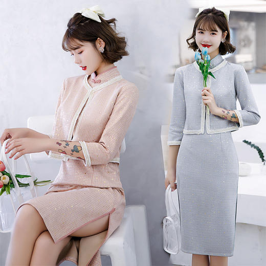 HH2320-2321秋冬改良日常鹿皮绒套装旗袍 商品图0