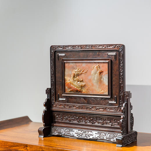 清代  红木镶瘿木嵌寿山石山水人物插屏 商品图1