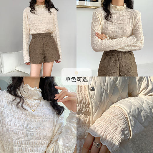 【歌铭】蕾丝高领网纱打底衫女秋冬褶皱肌理感内搭洋气上衣 商品图1