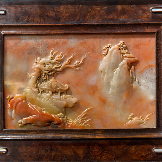 清代  红木镶瘿木嵌寿山石山水人物插屏 商品图2