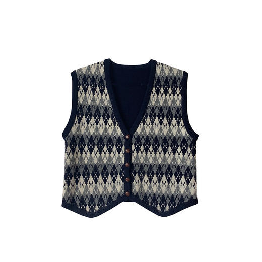 黛唯梵秋季复古格子背心洋气宽松无袖毛衣V领坎肩针织马甲开衫女 商品图4