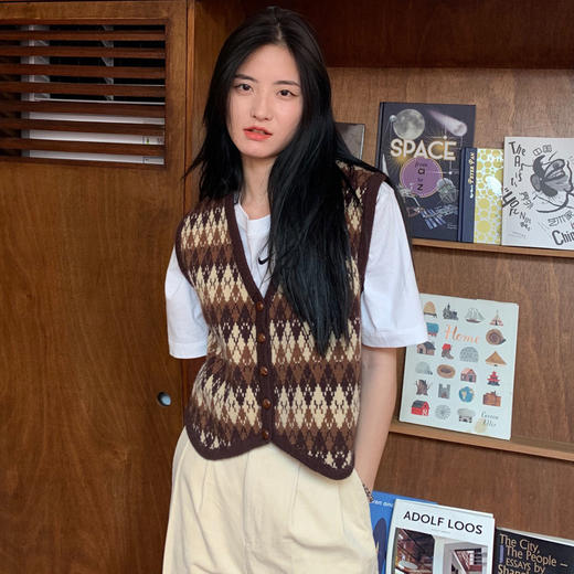 黛唯梵秋季复古格子背心洋气宽松无袖毛衣V领坎肩针织马甲开衫女 商品图1