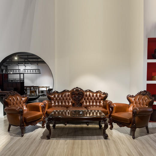 民国 红木草叶纹软包海派西洋沙发成套（一套四件） 商品图0