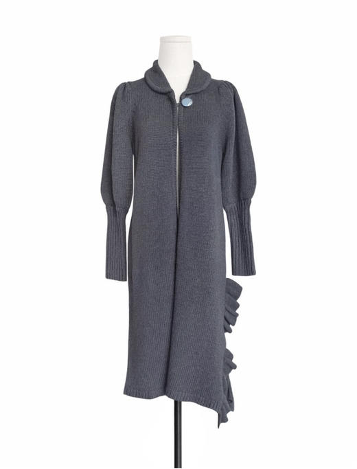 TYNVIE 小圆翻领单边木耳边开衩针织大衣 - 极致灰 商品图1