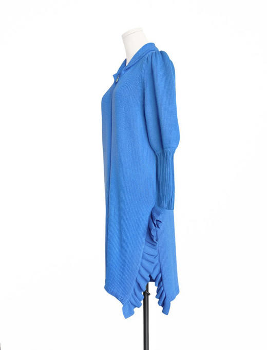 TYNVIE 小圆翻领单边木耳边开衩针织大衣 - 蓝色 商品图4