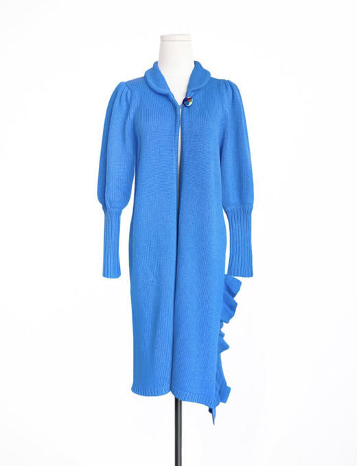 TYNVIE 小圆翻领单边木耳边开衩针织大衣 - 蓝色 商品图1