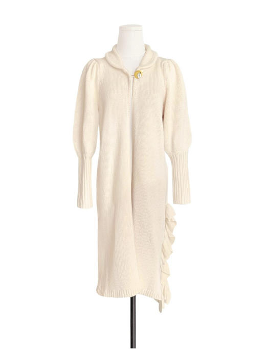 TYNVIE 小圆翻领单边木耳边开衩针织大衣 - 象牙白 商品图1