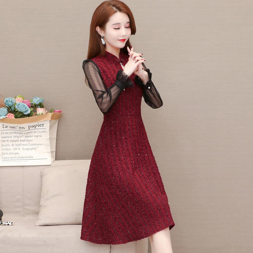 YWE  M21003亮丝长袖连衣裙女中长款网纱时尚 商品图3