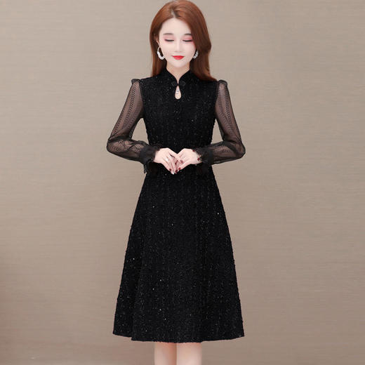 YWE  M21003亮丝长袖连衣裙女中长款网纱时尚 商品图1