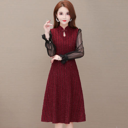 YWE  M21003亮丝长袖连衣裙女中长款网纱时尚 商品图2