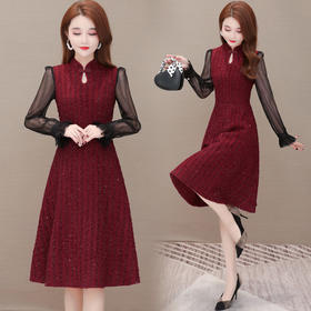 YWE  M21003亮丝长袖连衣裙女中长款网纱时尚