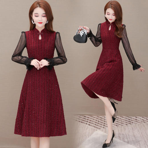 YWE  M21003亮丝长袖连衣裙女中长款网纱时尚 商品图0