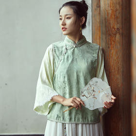 夏秋新中式禅茶拼接倒大袖蕾丝短款上衣Z20479 。