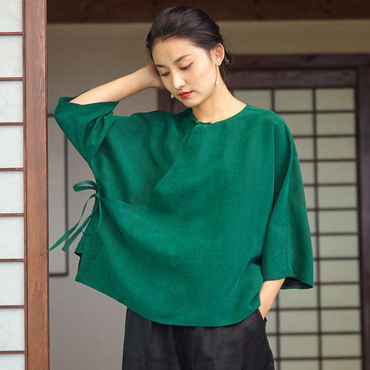 春夏新中式短款斜襟系带龟裂纹香云纱小衫U20326捌 。 商品图0