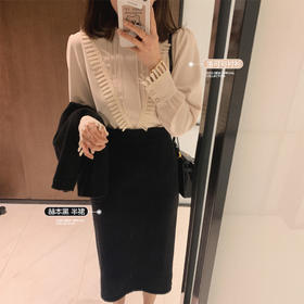 【金蘑菇菇 三件套 套装】轻优雅约会通勤v领马甲针织半裙衬衫女