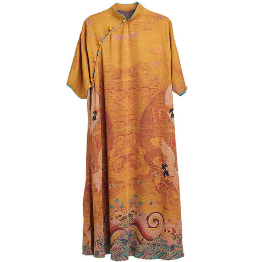 2020新中式复古印花海水江崖祥云花纹香云纱连衣裙袍子YB0159 。 商品图4