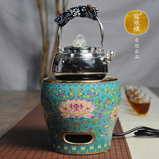  莺歌烧 宝蓝底莲花纹珐琅彩风炉 煮茶器家用无噪音自动台式功夫泡茶小号 商品图1