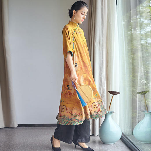 2020新中式复古印花海水江崖祥云花纹香云纱连衣裙袍子YB0159 。 商品图2