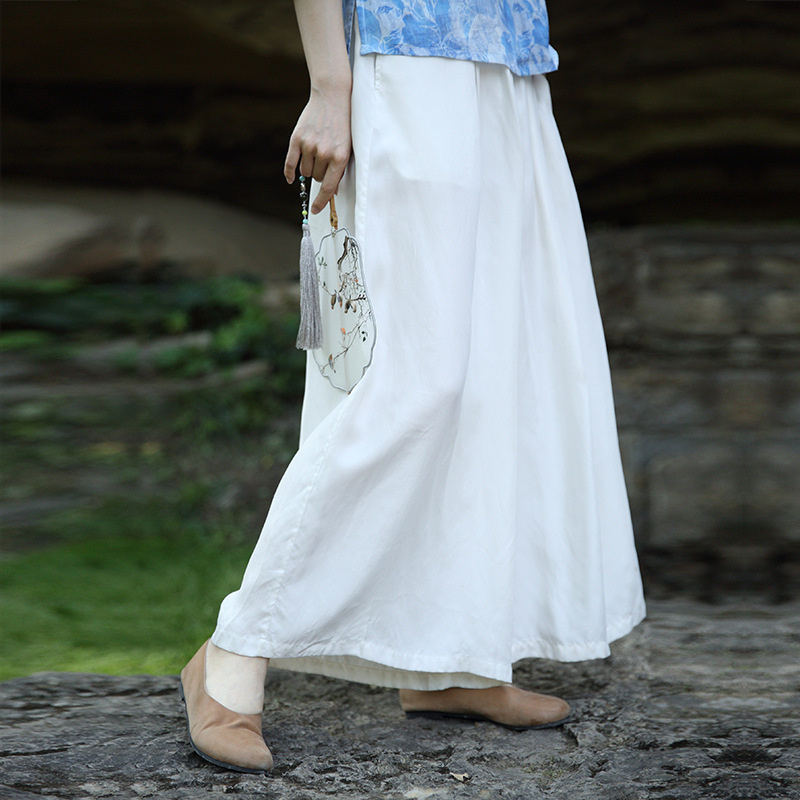 国风禅意茶服宽松休闲铜氨丝阔腿裤P-16188 。