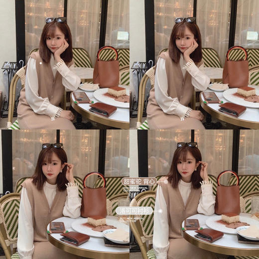 【金蘑菇菇 三件套 套装】轻优雅约会通勤v领马甲针织半裙衬衫女 商品图2