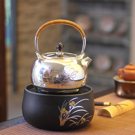  莺歌烧 黑底幽兰电陶炉 静音家用银壶铁壶专用莺歌烧煮茶炉 商品图1