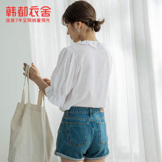 韩都衣舍2021夏装新款韩版少女灯笼袖娃娃领上衣白衬衫女YK9859鲲 商品图1